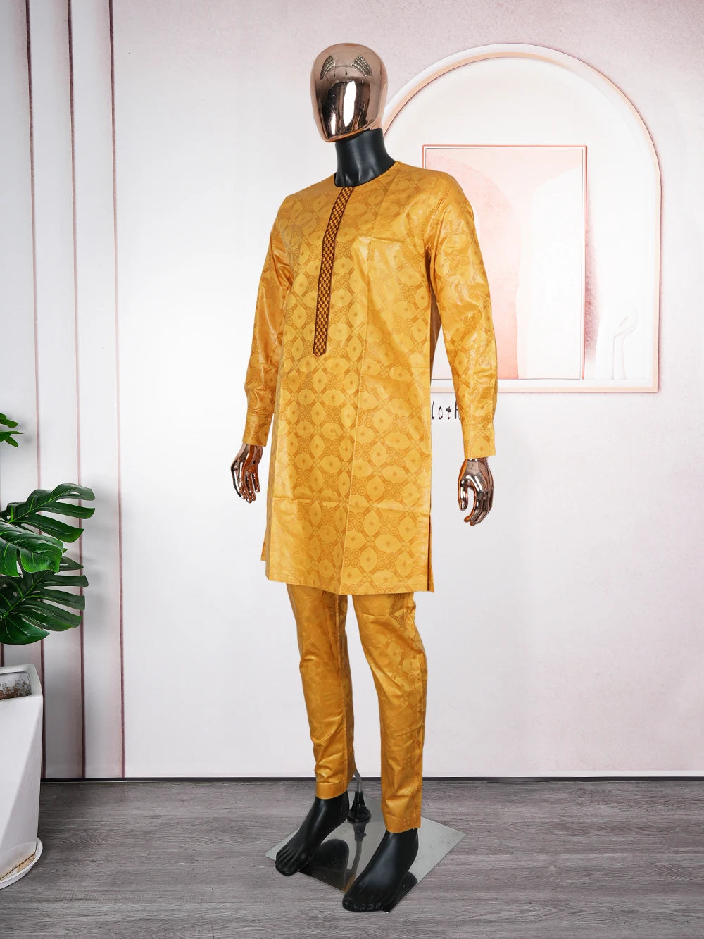 H&D African Clothes Men Native Wear Formal Traditional Embroidery Bazin Riche Dashiki Yellow Shirt Pants 3PCS Bubu Dress Suit