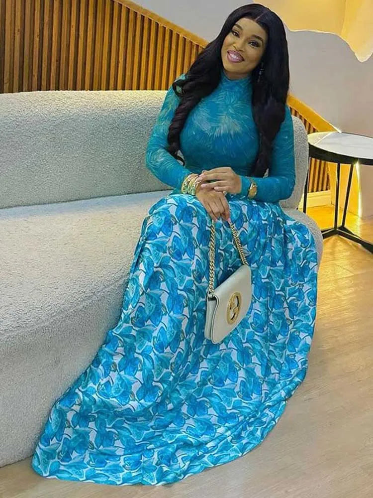 A Line Maxi Dress for Women Autumn Light Blue Long Sleeve Dress Slim Waist Mid-turtleneck Chic Elegant Evening Dresses Ladies