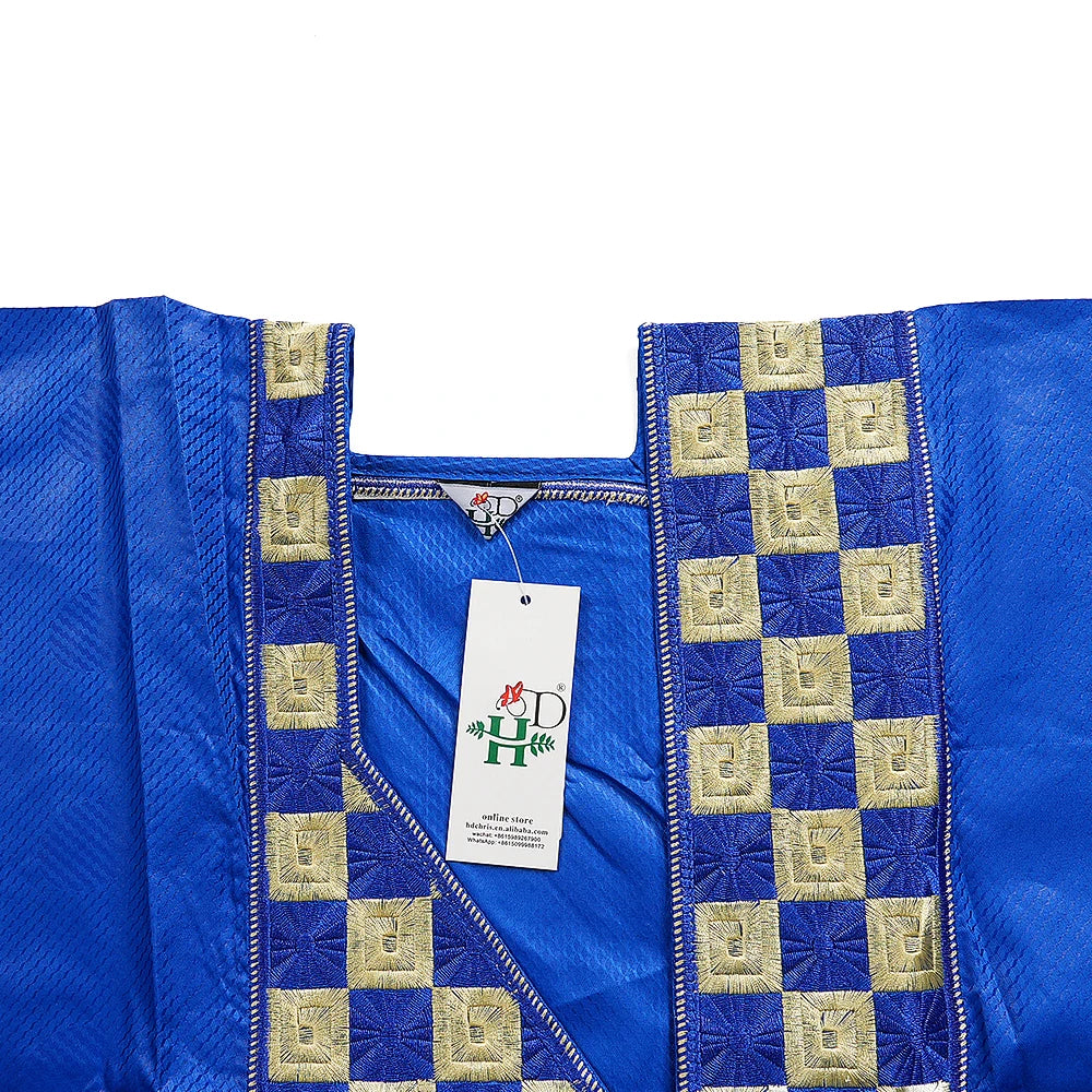 H&D African Clothing For Man Traditional Agbada Sets 3PCS Blue Bazin Riche Shirt Pant Embroidery Wedding Party Suits Plus Size