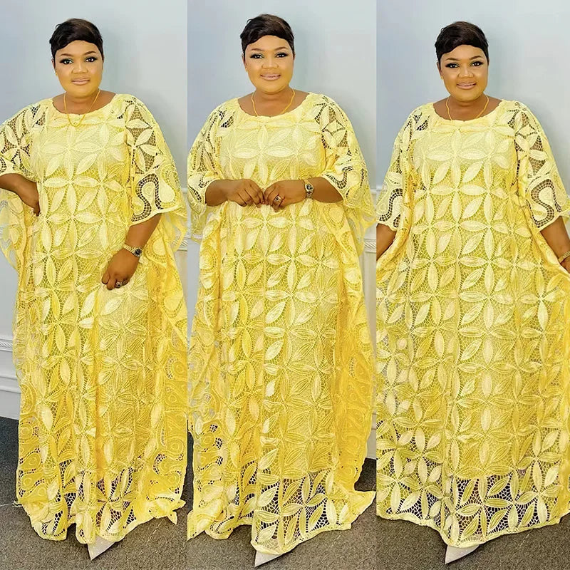 White Lace Hollow Africa Dresses for 2023 Muslim Women Dress African Clothes Dashiki Taditional Boubou Arabic Robe Femme Ramadan