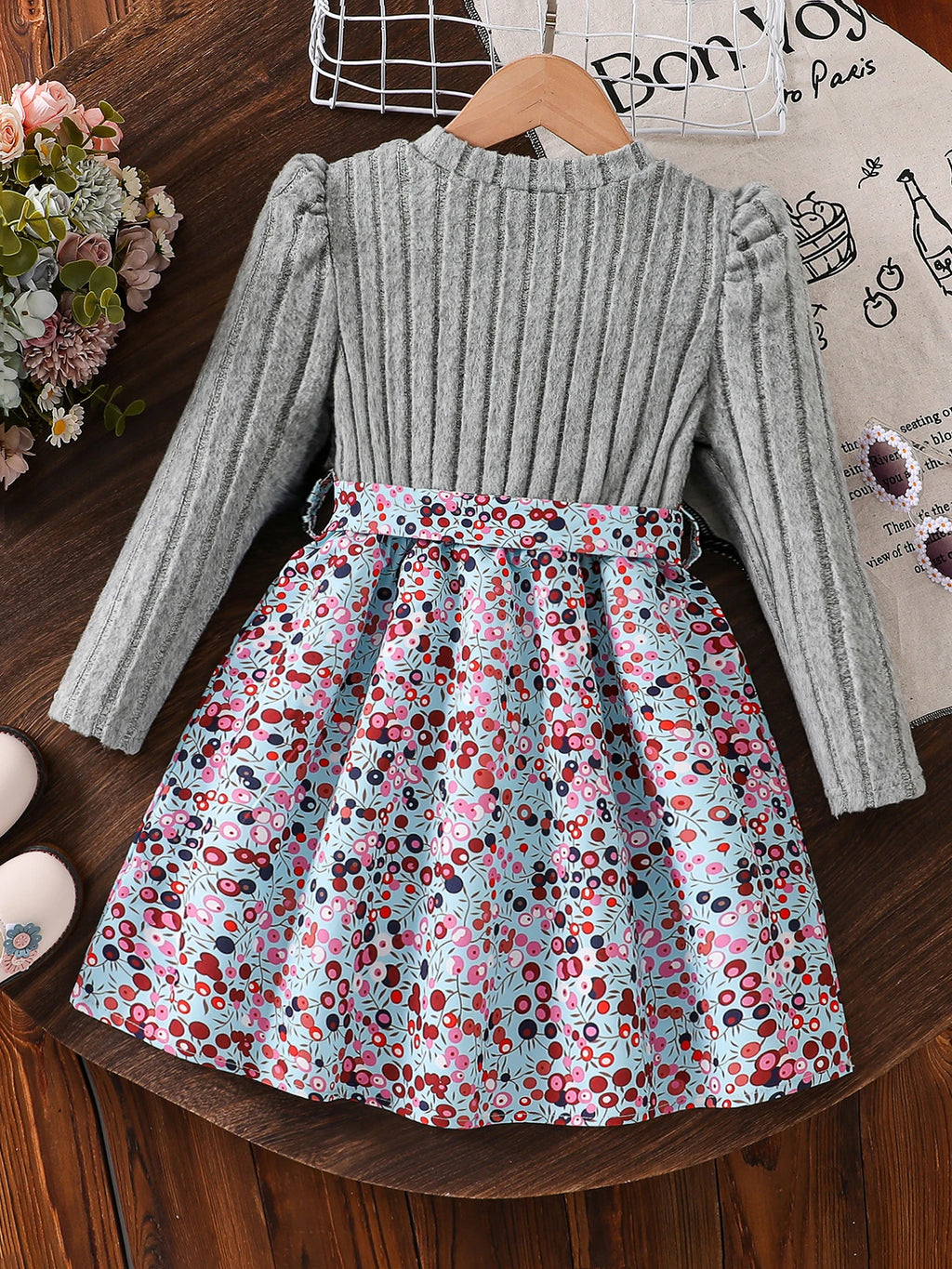 Spring and Autumn Girls' Simple Casual Versatile Knit Round-Neck Long-Sleeve Floral Dress, Everyday Casual Dress for Girls, Can Be Used as a Holiday Gift, Eid, Easter, Carnival, Chinese New Year