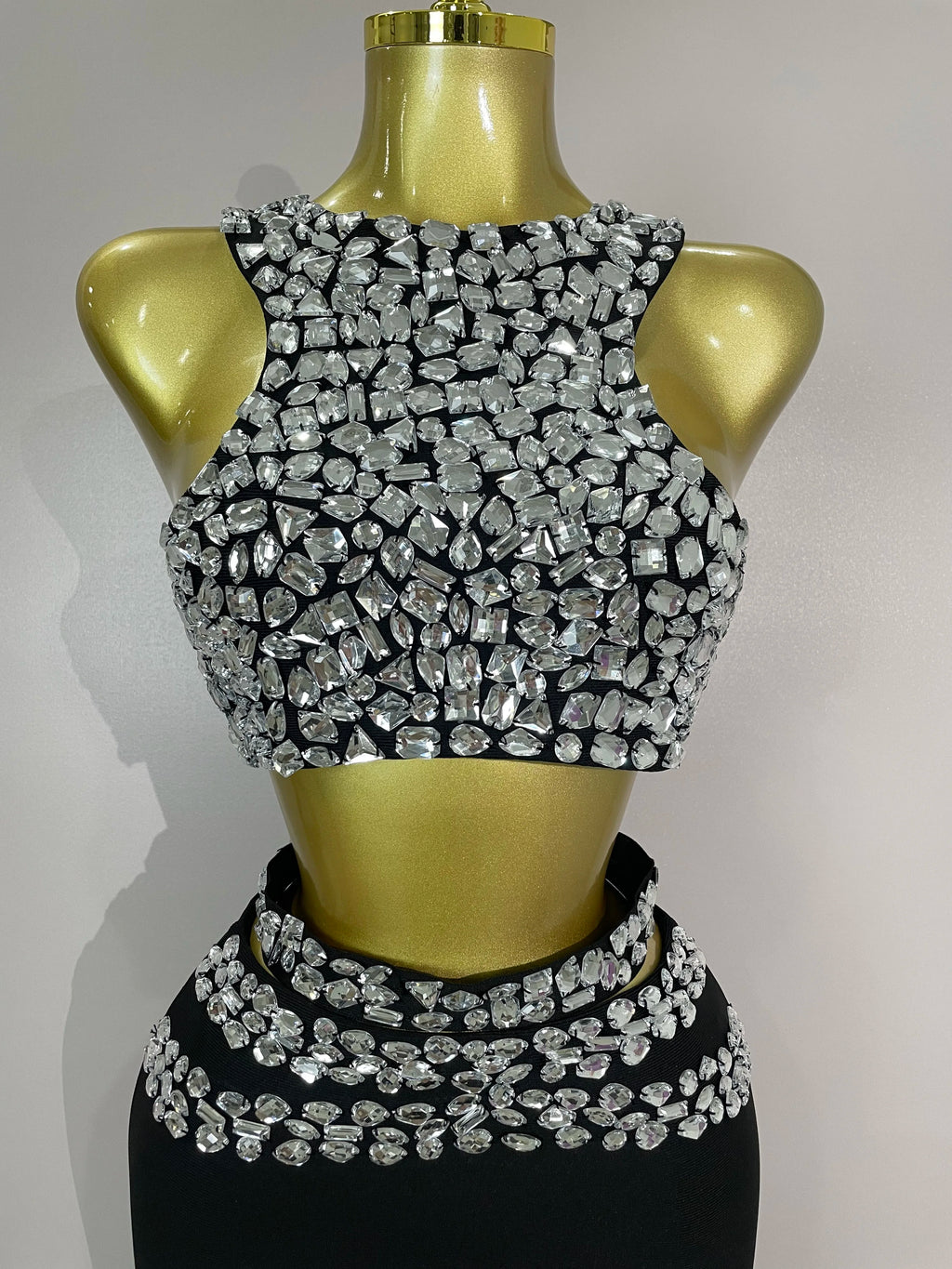 New Luxury Shining Sewed Diamond Black Long Bandage Two Piece Set Women Celebrate Evening Party Elegant Celebrity Birthday Dress