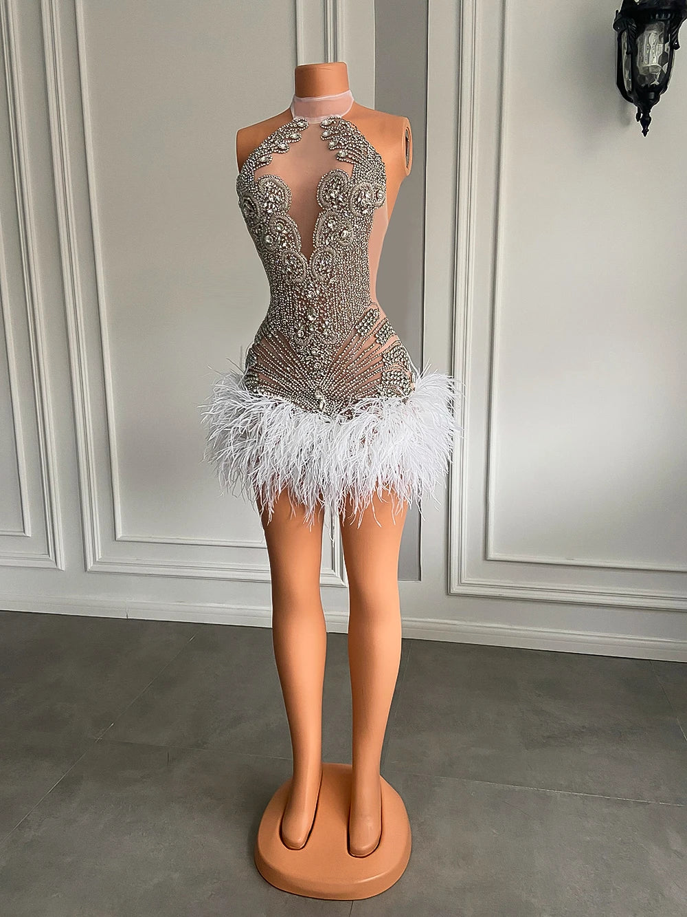 Sparkly Handmade Crystals Women Birthday Party Gowns Sexy See Through White Feather Black Girls Short Mini Prom Dress 2025