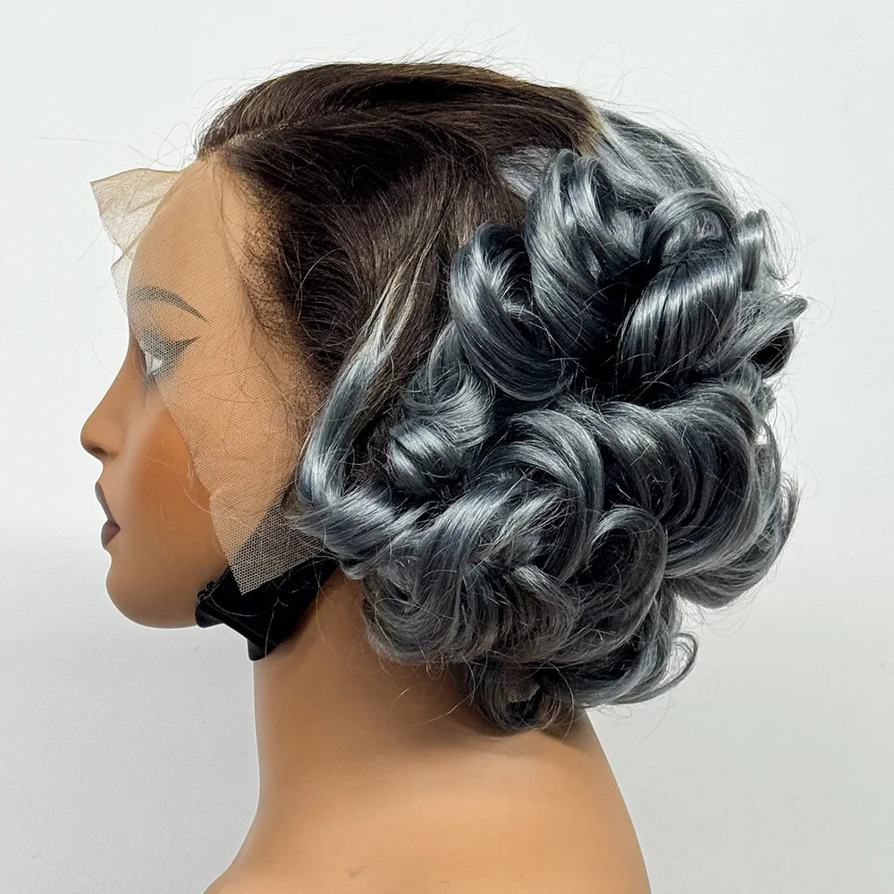 8 Inch 13x4 Transparent Lace Front Loose Wave Human Hair Wig Gray Color 250% Density Short Bob Bouncy Curly Wigs for Black Women
