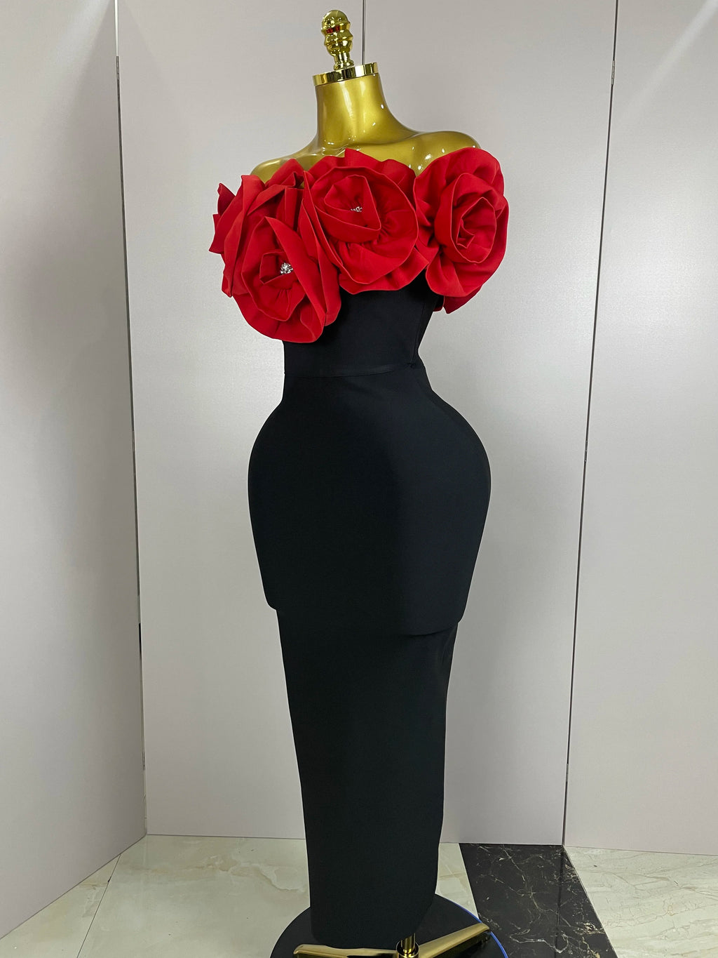 New Stereoscopic Red Flowers Sexy Off The Shoulder Ankle Lenght Bandage Dress Woman Birthday Party Vestido Wedding Party Outfit