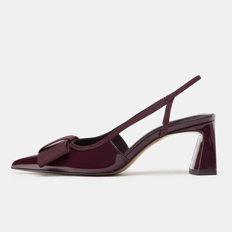 Sexy Burgundy Patent Leather Pointed Toe Pumps Women Fashion Bow Slingback Brand Designer Shoes Elegant Cozy Banquet Dress Shoes