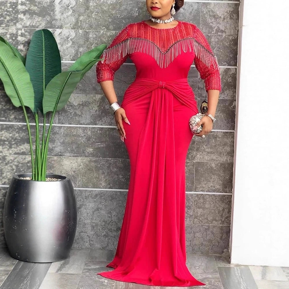 Luxury Women Mermaid Bodycon Dress Patchwork O Neck Fringe Sheer Sequin Sleeves Draped African Party Weddings Formal Occasions