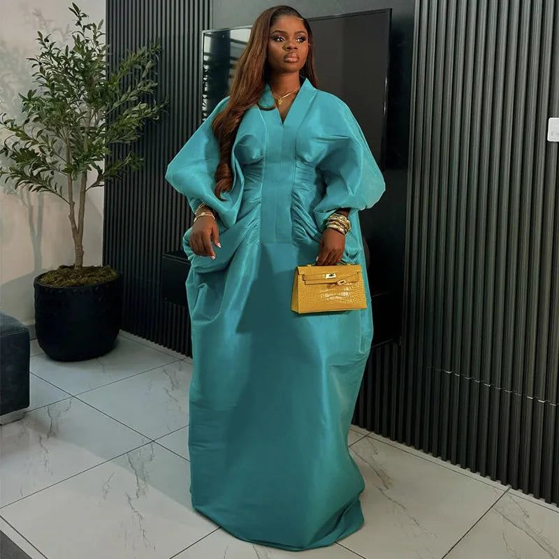 Elegant Women Long Loose Dresses Pleated Evening V Neck Lantern Sleeve African Female Classy Fashion Glitter Party Bubu Dress