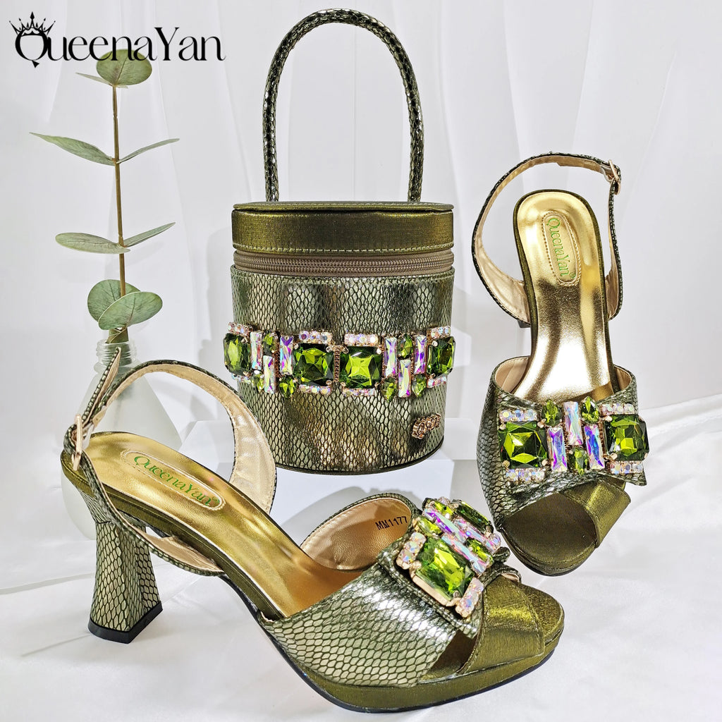 Queena Yan Italian Design African Women's High Heel Party Shoes and Bag Set Elegant Nigerian Handbag Open Shoes for Occasions