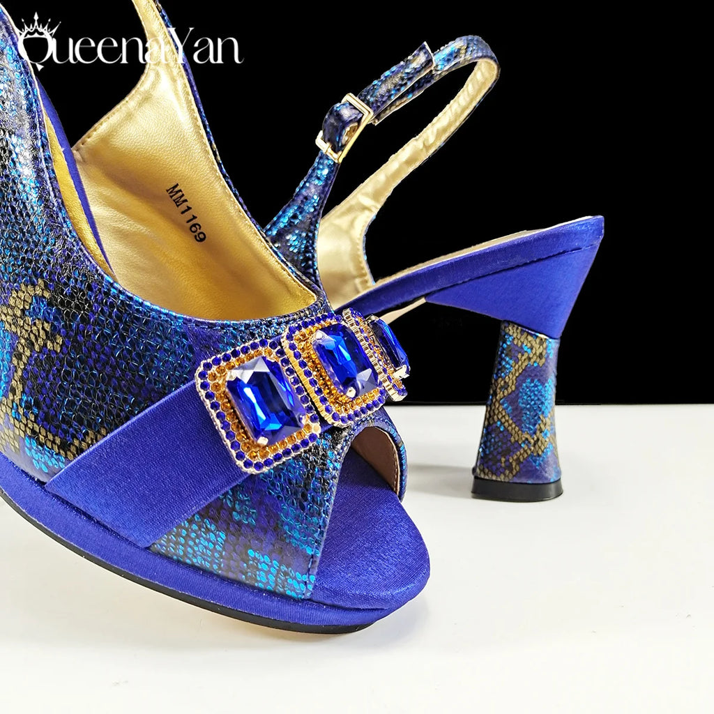 Queena Yan New Luxurious Italian Women's Party Shoes&Bag Set Elegant Golden Rhinestone  Sandals with Peep Toe High Heels Wedding