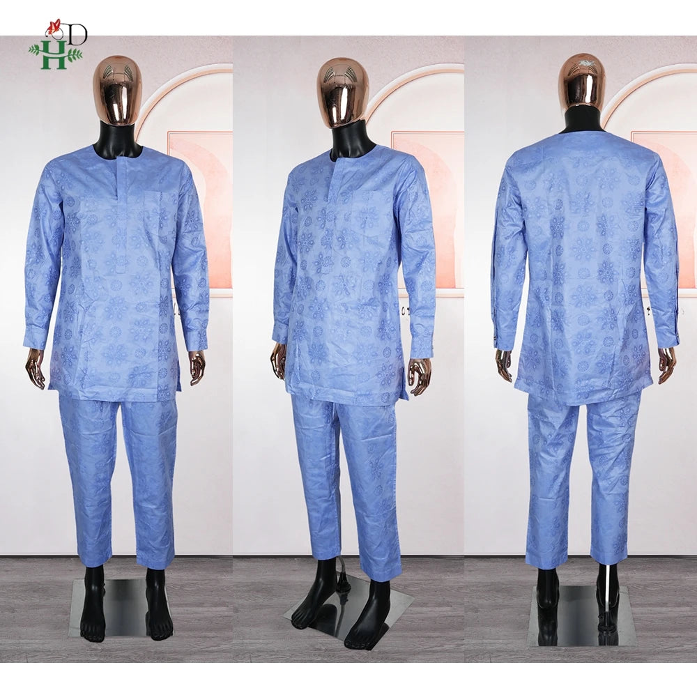 H&D African Clothes Embroidery Blue Gown Plus Size For Men Elegant Party Wedding Thobe 3 PC Top and Pants Suits Set Daily Wear