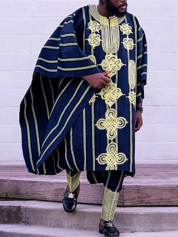 Men's African clothing, traditional Bazin Riche heat-stamped design top, long-sleeved three-piece suit
