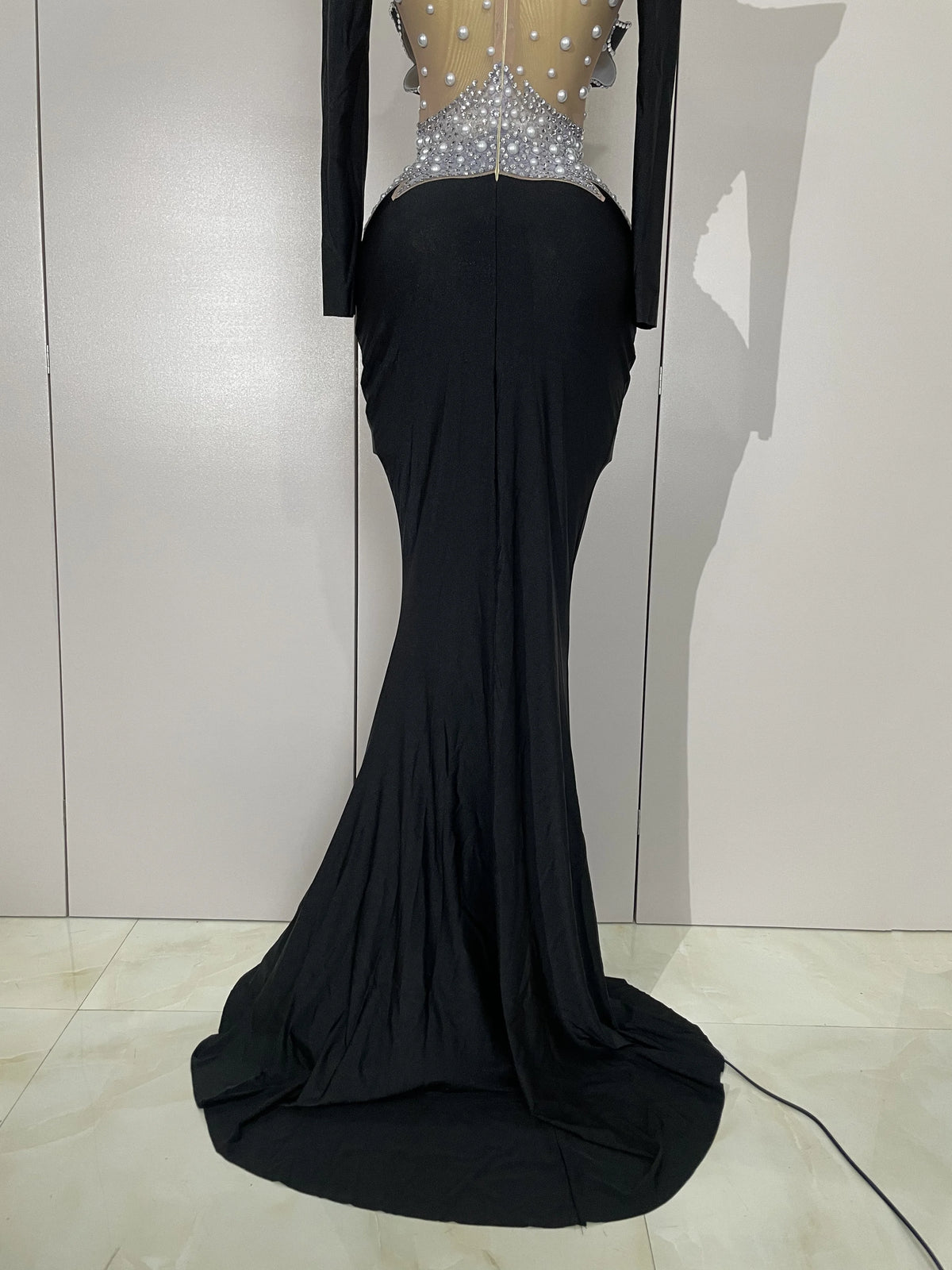 Luxury Sparkly Diamonds Pearl White See Through Mesh Long Dress Women Wedding Evening Party Stage Performance Photoshoot Dress
