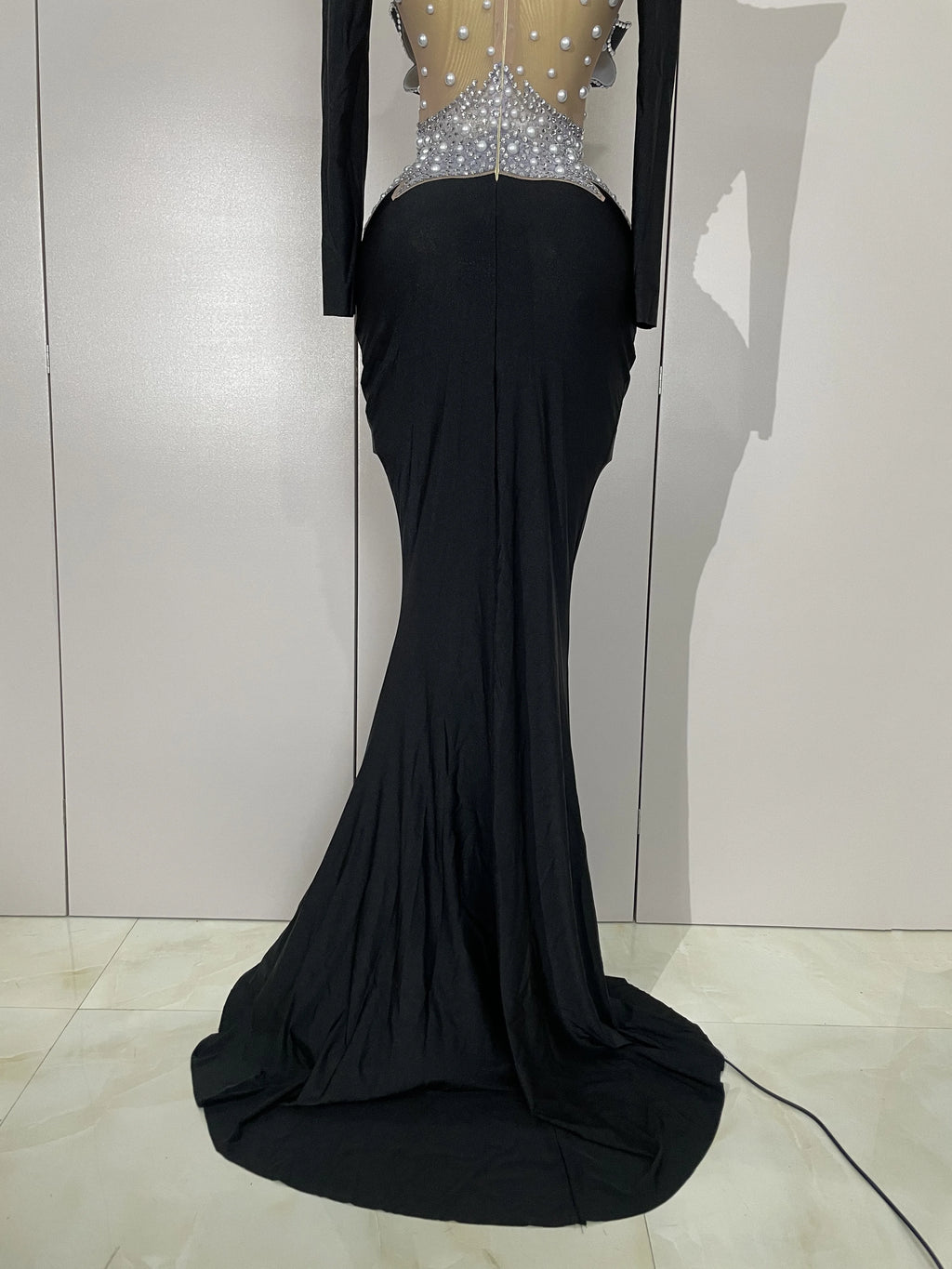 Sparkly Diamonds Pearl Black Sexy See Through Mesh Long Dress Women Wedding Evening Luxury Birthday Party Stage Photoshoot Dress