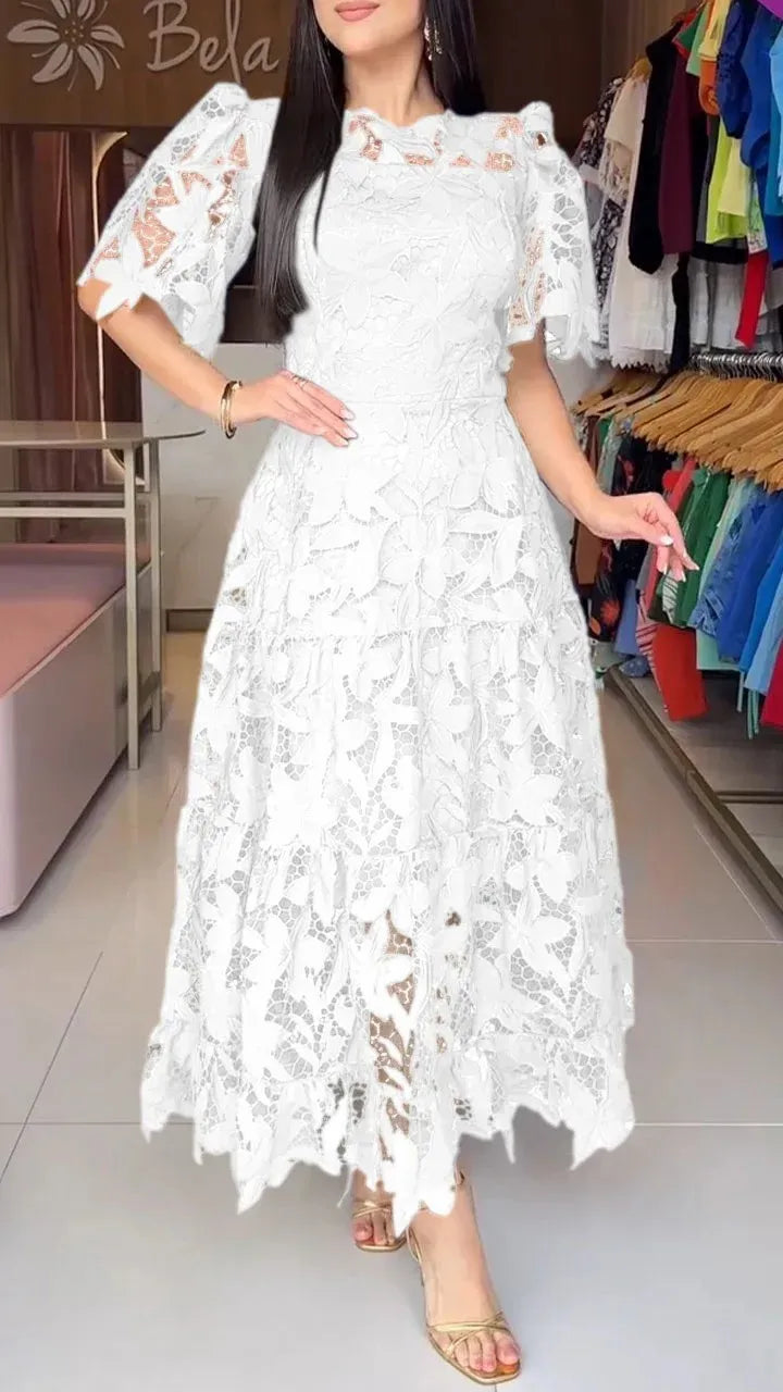 Elegant Lace Dress Irregualr Length Wedding Guest Bridal Shower for Bride Midi O Neck Hollow Out Women Classy Business Party New