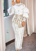 African Wedding Party Clothes for Women Autumn Elegant African Long Sleeve O-neck 2 Piece Top Long Pants Matching Sets Outfits