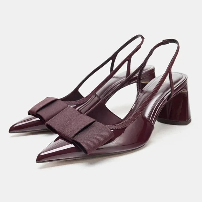 Sexy Burgundy Patent Leather Pointed Toe Pumps Women Fashion Bow Slingback Brand Designer Shoes Elegant Cozy Banquet Dress Shoes