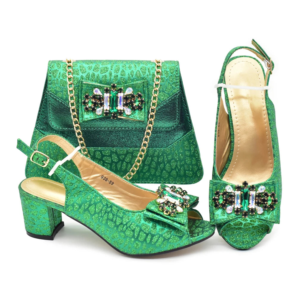 New Arrival Shoes and Bags To Match Set Nigeria Party Luxury Gold Color Wedding Italian Shoes Bag Set Decorated with Rhinestone