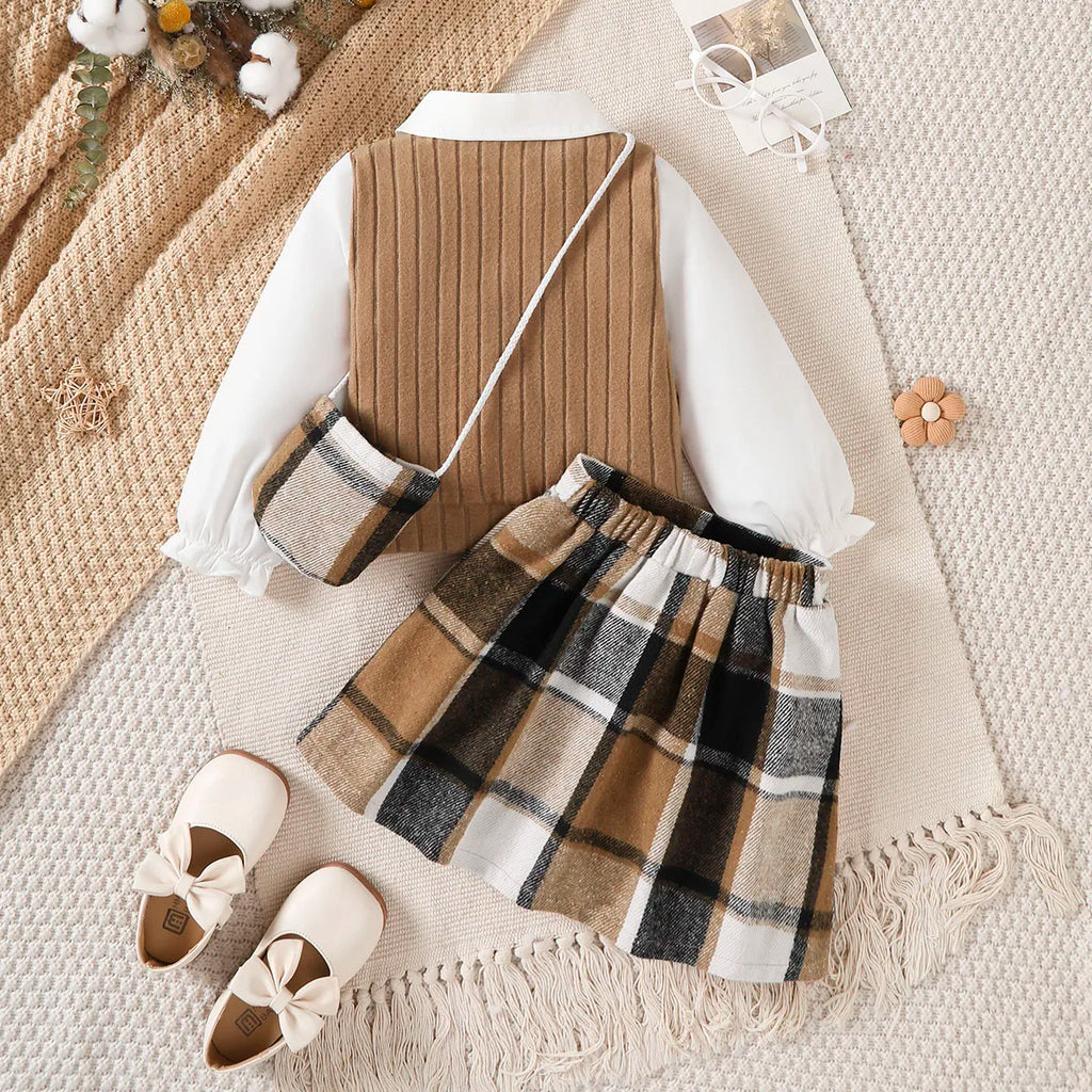 3Pcs Children Girl Set Splicing Fake Two piece Top+Checkered Skirt+Mini Bag Set Suitable Girls 4-7 Year Autumn College Style Set