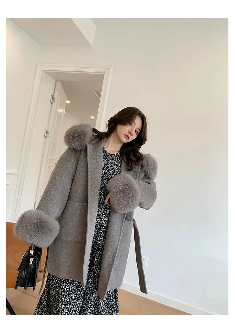 Faced Wool Ladies Winter Jacket Hooded coats Women Luxurious Real Fox Fur Coat Lose Clothing Cashmere Double