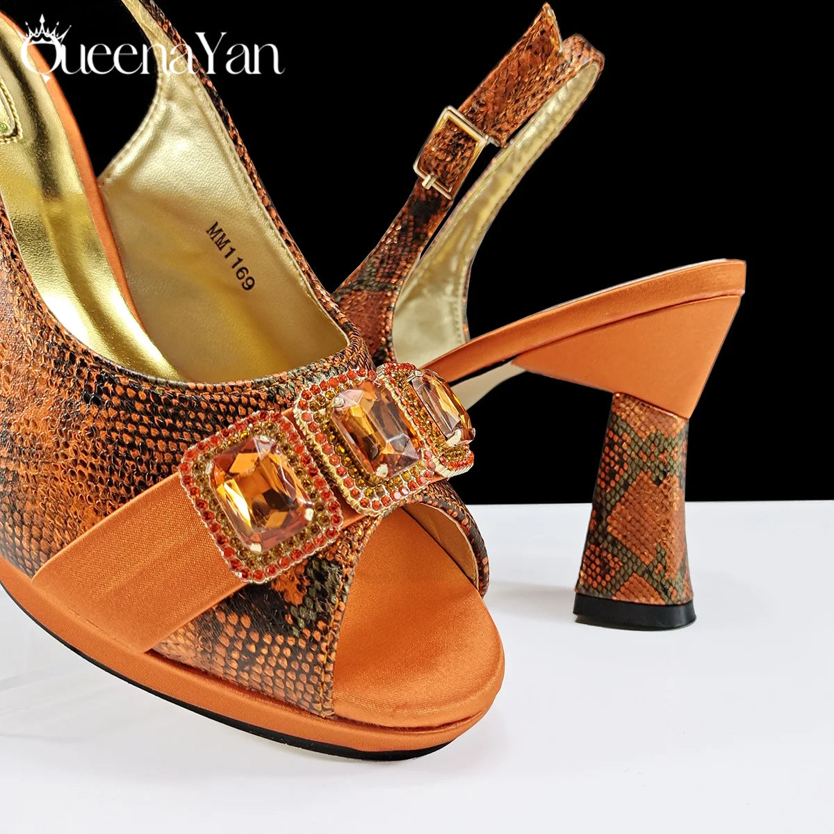 Queena Yan New Luxurious Italian Women's Party Shoes&Bag Set Elegant Golden Rhinestone  Sandals with Peep Toe High Heels Wedding