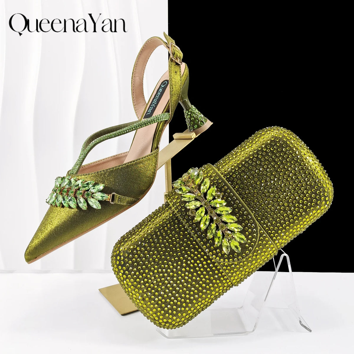 QueenaYan 2026 New Shiny Italian Fashion Pointed Toe Women Heel Fashion Rhinestone Decoration Pink Color Shoes And Bag Set