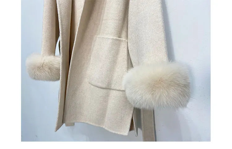 Faced Wool Ladies Winter Jacket Hooded coats Women Luxurious Real Fox Fur Coat Lose Clothing Cashmere Double