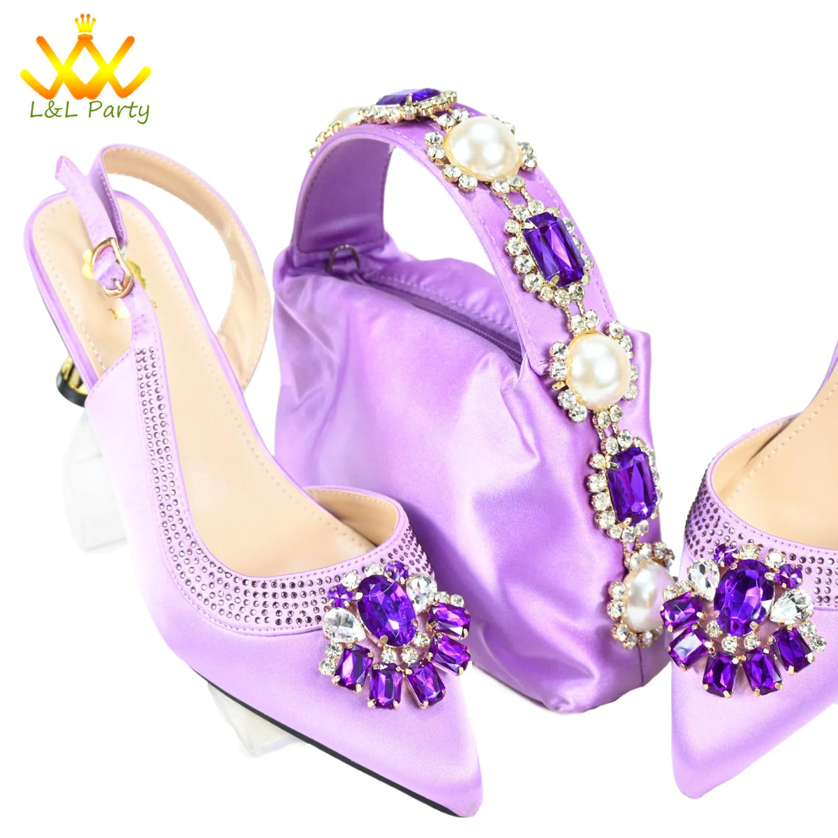 Shinning Crystal New Arrivals Comfortable Mid Heel Lemon Green Color Winter Newest African Shoes and Bag Set for Party