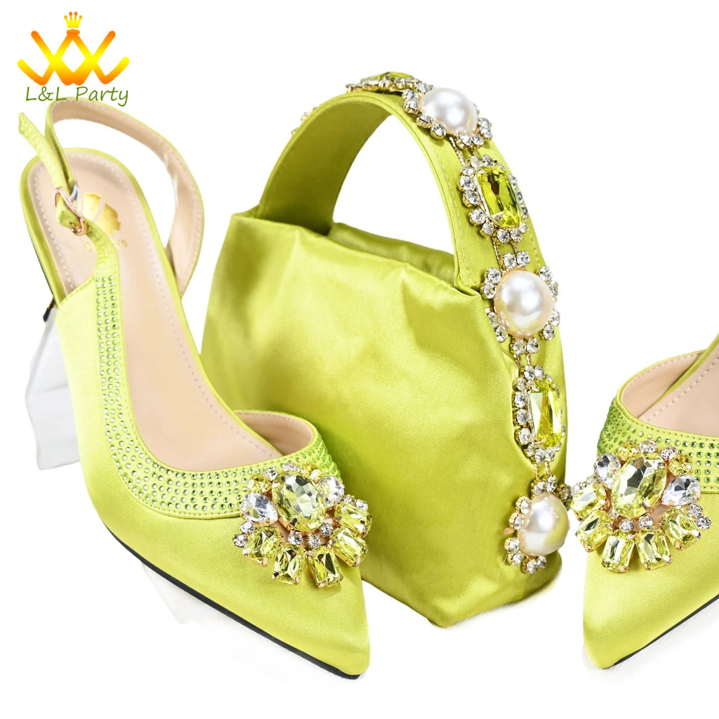 Shinning Crystal New Arrivals Comfortable Mid Heel Lemon Green Color Winter Newest African Shoes and Bag Set for Party