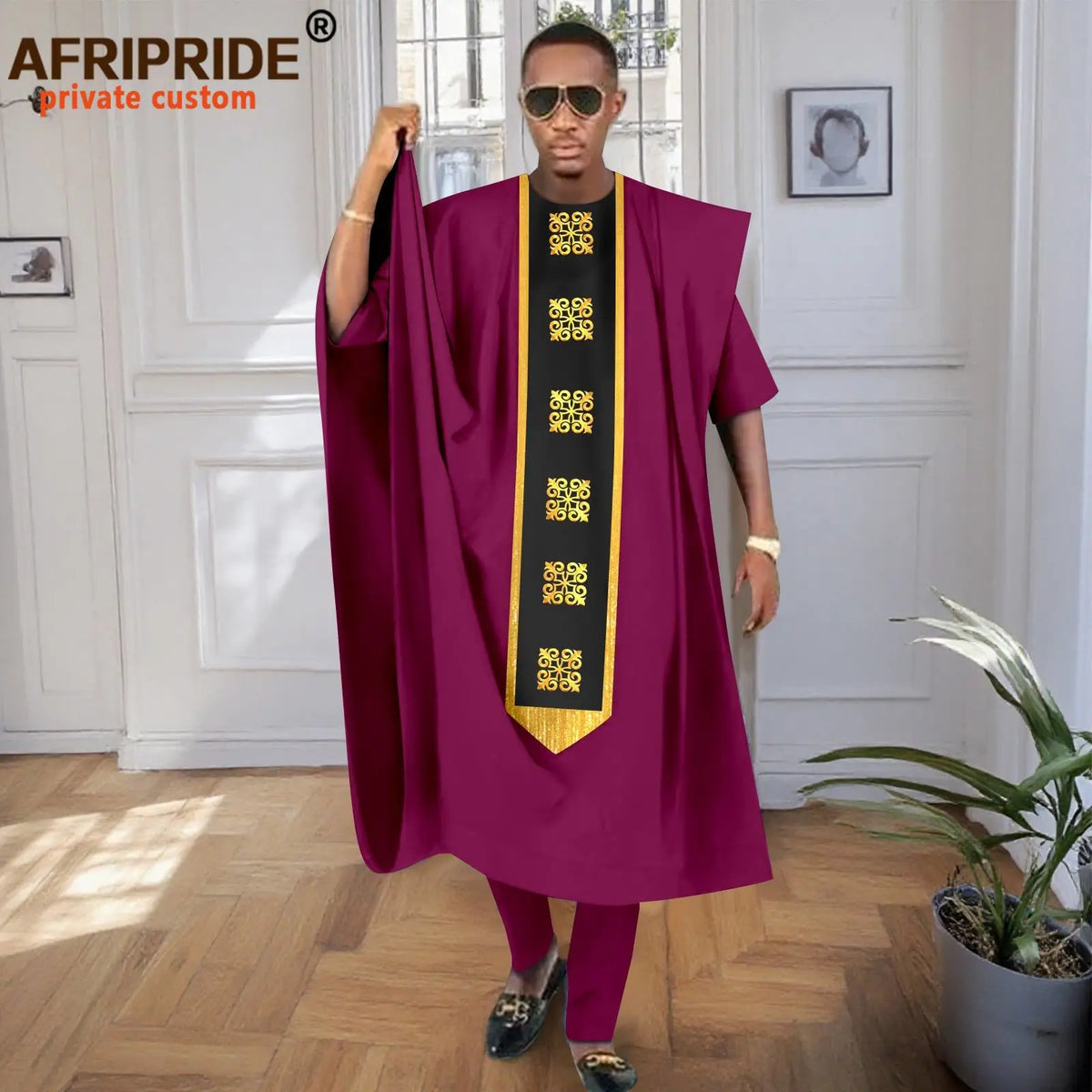 African Men Traditional Clothing Embroidery Agbada Robe Short Sleeve Shirts Pants 3 Piece Set Tribal Outftis for Wedding 2516078
