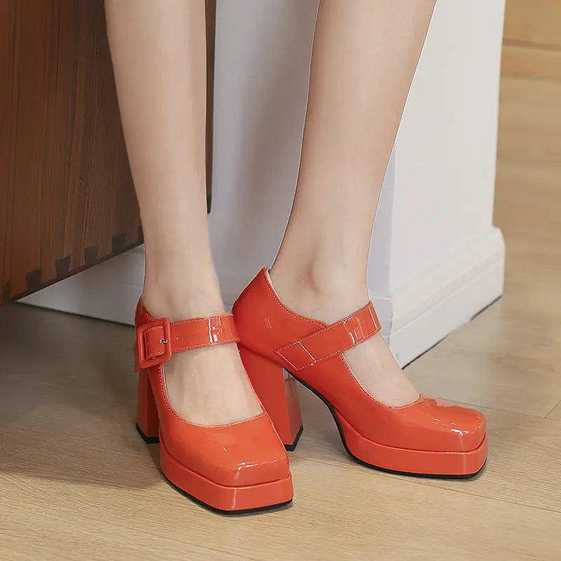 Size 33-48 Patent Shiny PU Leather Lady Office Pumps Wide Buckle Strap Platform Mary Janes Shoes Spring Fall Block Chunky Heels