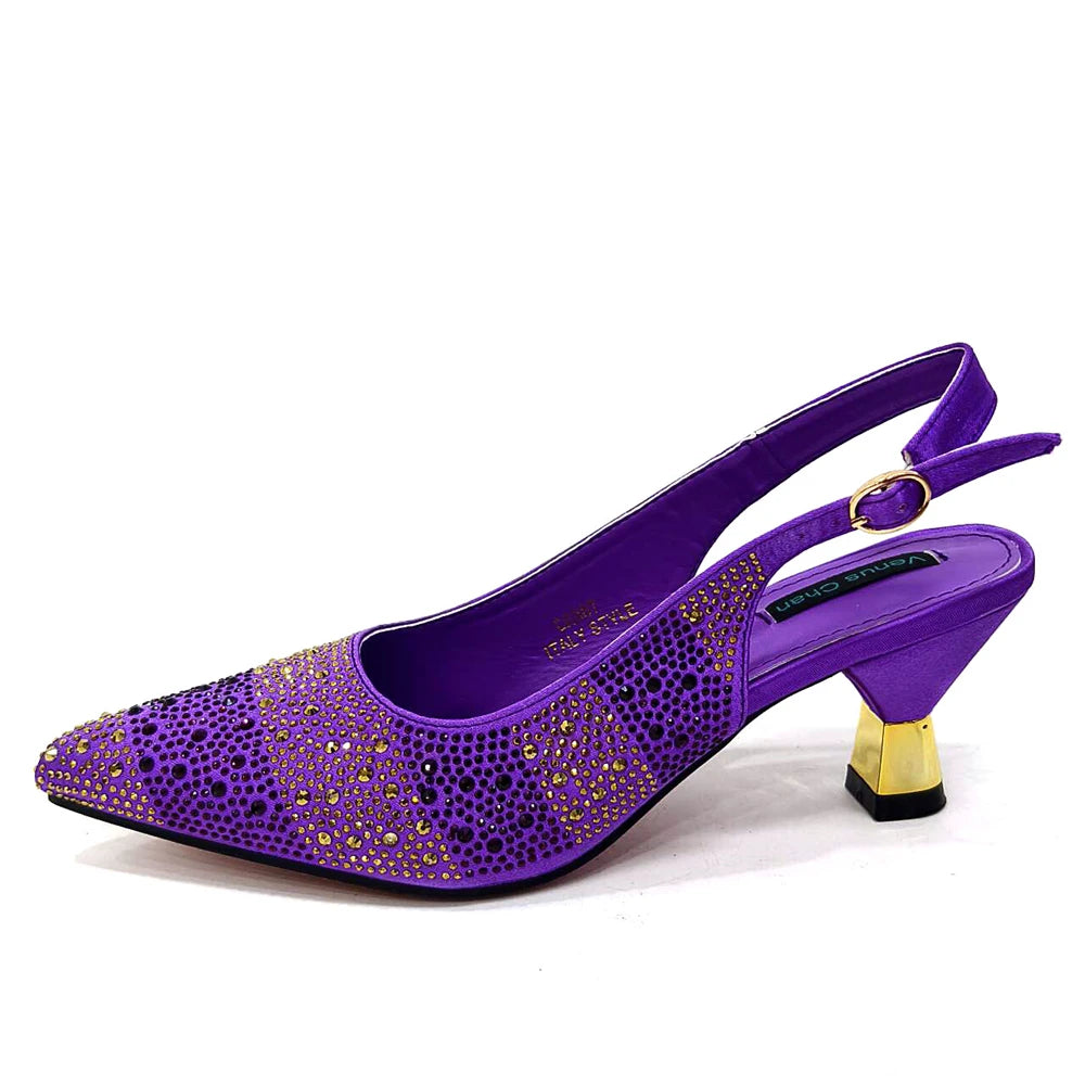 Venus Chan- Elegant High Heels Shoes and Bag Set for Women Pointed Toe Black Color Hollow Rhinestones Matching Bag INS 2024