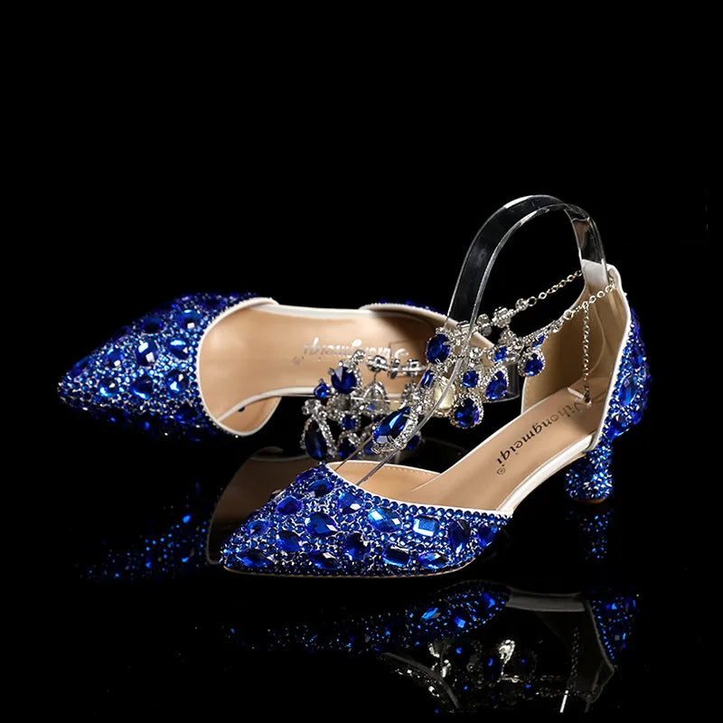 New 5cm Rhinestone shoes buckle round heel blue pointed Crystal Wedding sandals social dance Prom shoes Latin  shoes size 35-43
