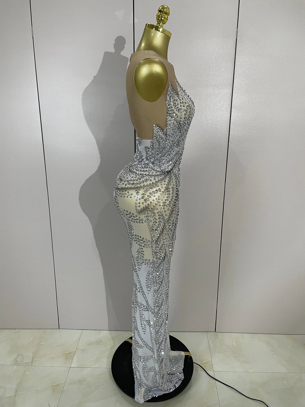 Women Luxury Rhinestone Sleeveless Silver Long Dress Sexy Mesh See Through Evening Prom Birthday Photo Shoot Singer Stage Outfit