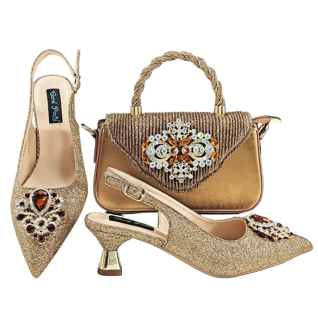 Italian Design Peach Color Pointed Toe Shoe & Bag Set Rhinestone Luxury  Women's High Heels for Parties By QSGFC