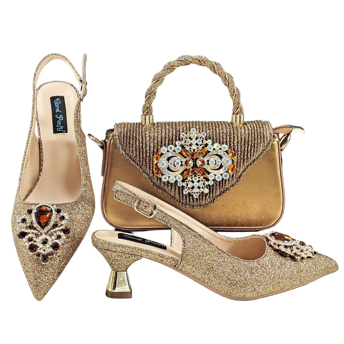Italian Design Peach Color Pointed Toe Shoe & Bag Set Rhinestone Luxury  Women's High Heels for Parties By QSGFC