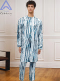 African Muslim Men's Fashion Clothing 2 Pieces White Color-Blocking Tie-Dyeing Printing Modern Prayer Moroccan Islamic Dress