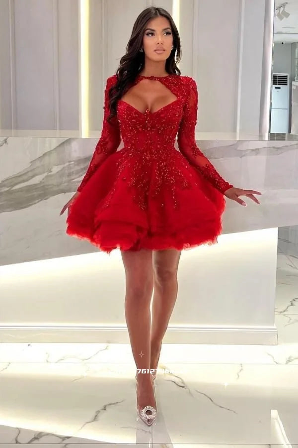 Puffy Short Red Prom Dress Ruffle Tutu Tulle Long Sleeves Homecoming Dresses Lace Appliques beaded Sweetheart Neck Customized