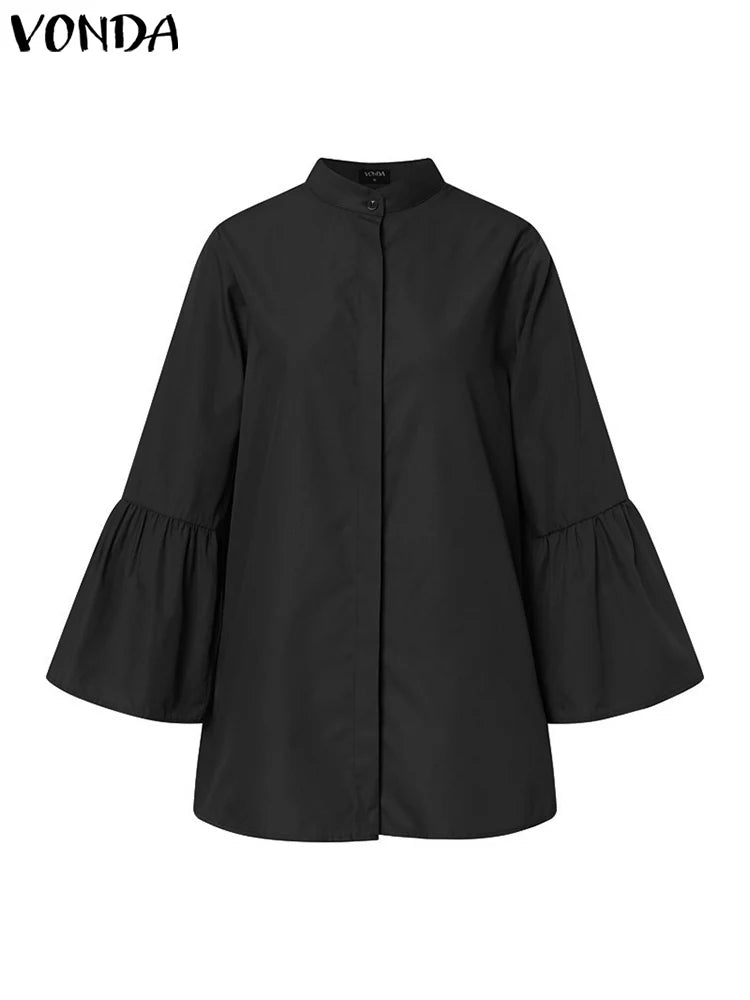 VONDA White Shirts Summer Women Elegant Solid Flare Sleeve Blouse 2023 Fashion Sexy V Neck Office Tunic Tops Femininas Blusas