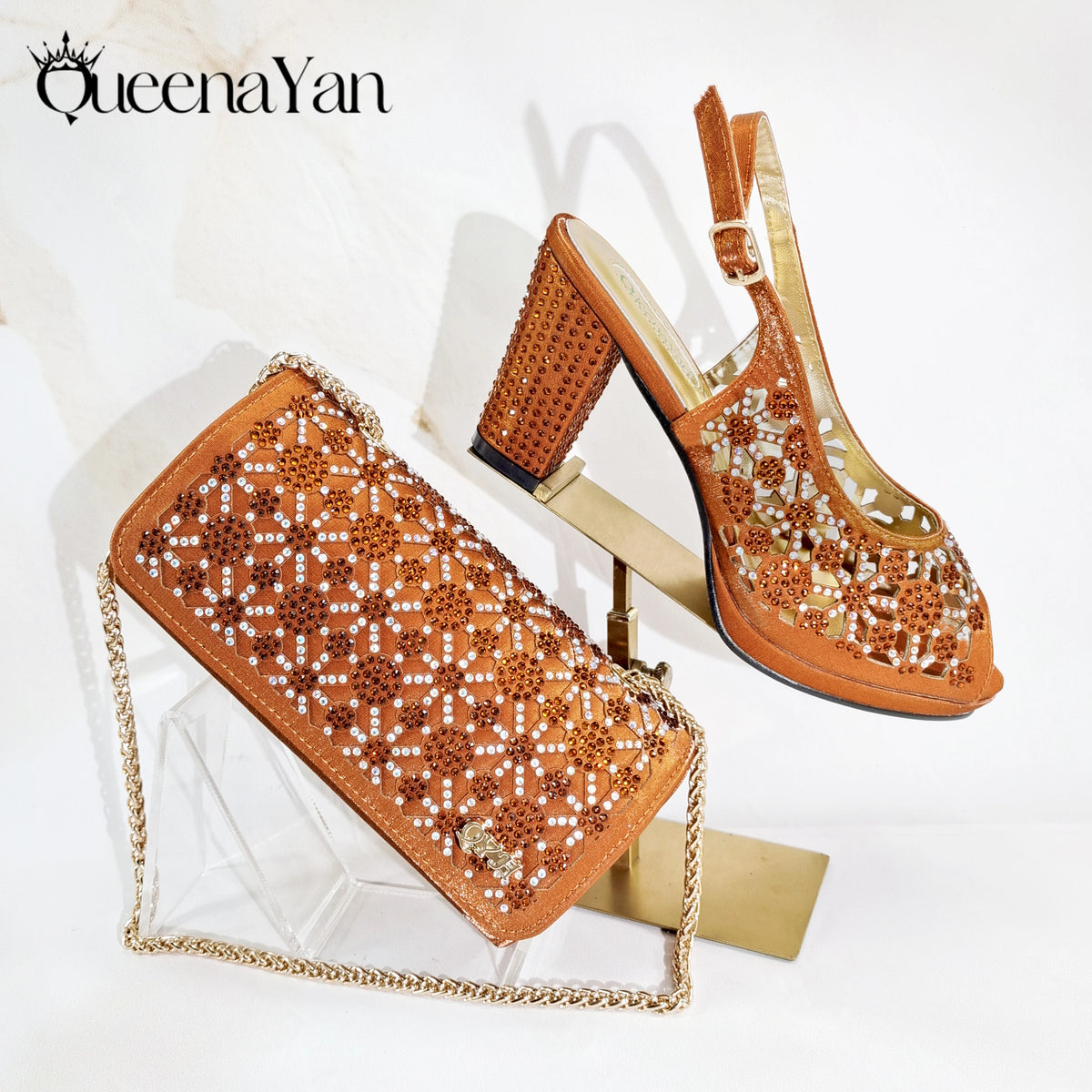 2025 New Rhinestone Design African-Inspired Shoe and Bag Set Olive Toe-Exposing Comfortable Women's High Heels Trending on INS