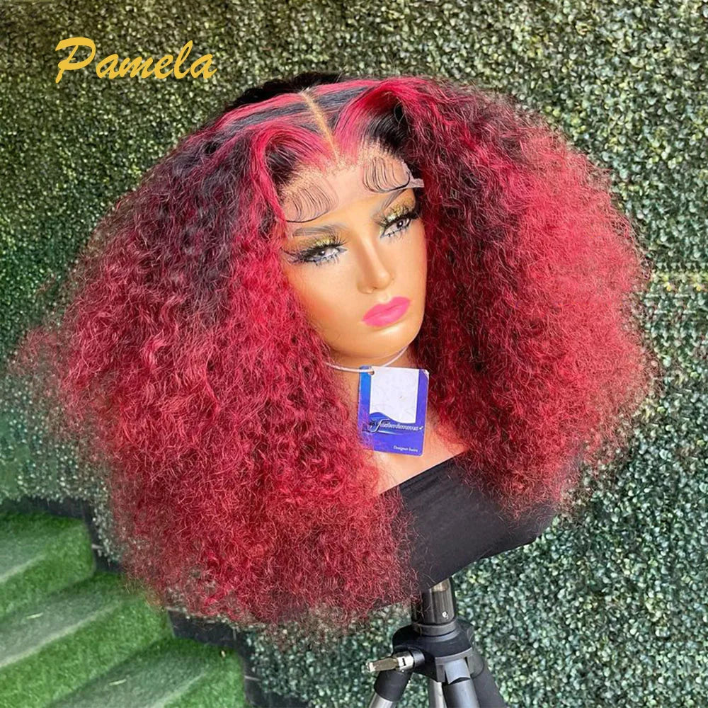300% Density Kinky Curly Ombre 1B/Red Colored 13x4 Transparent Lace Frontal Glueless Wigs Human Hair PrePlucked Ready To Wear