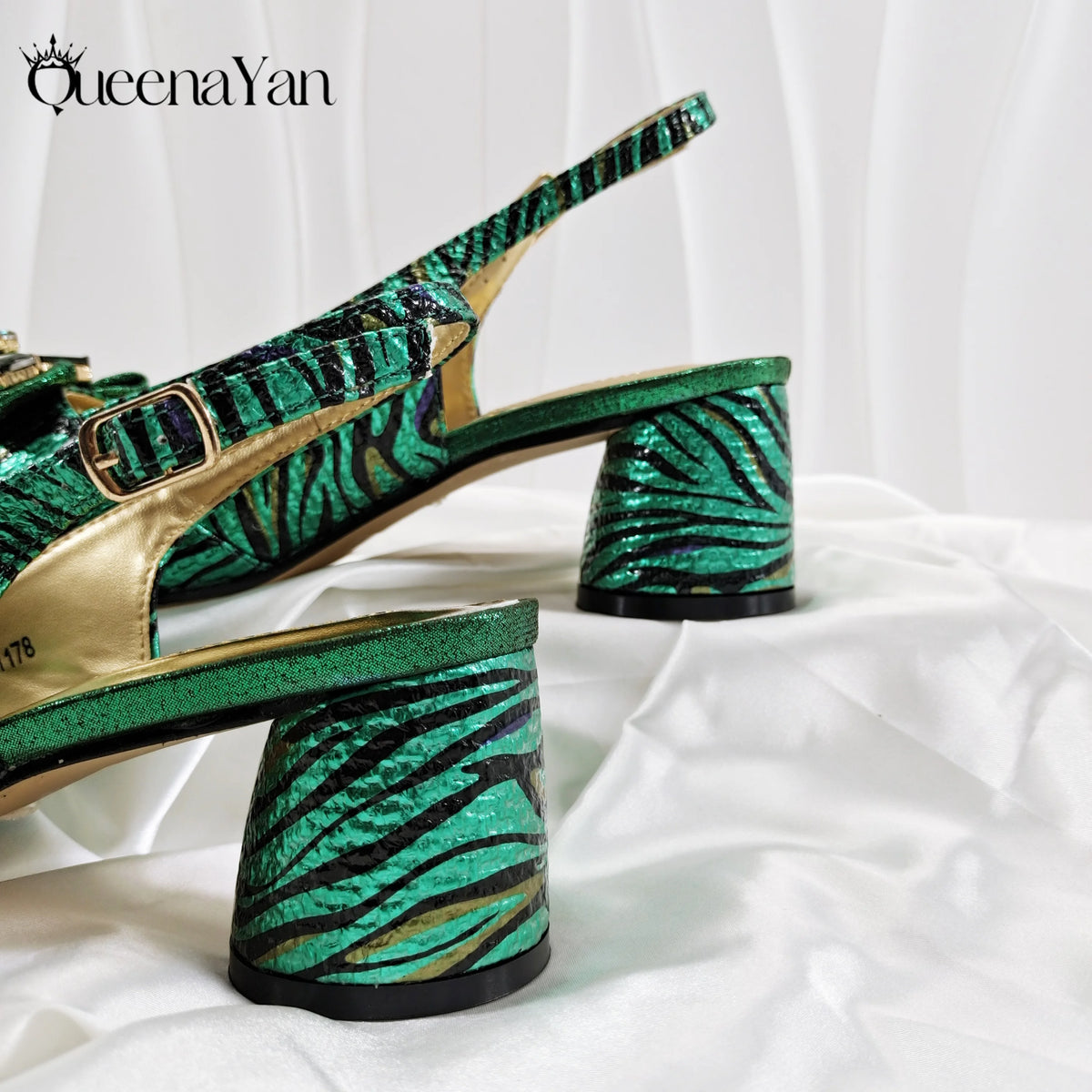 Queena Yan 2025 Women Elegant Gold High Heel Shoe and Matching Bag Set with Rhinestone Accents Stylish Peep Toe Design for Party