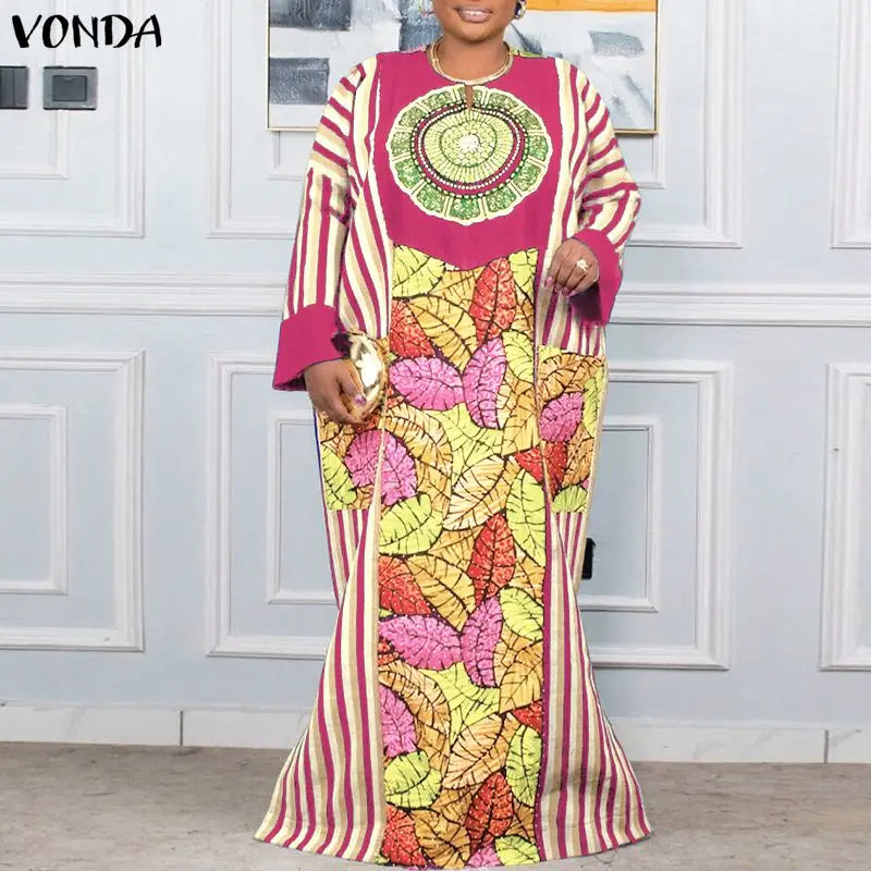 VONDA Plus Size Vestido 5XL Bohemian Maxi Robe Women Long Sleeve Floral Print Long Sundress Oversized Party Fashion Casual Dress