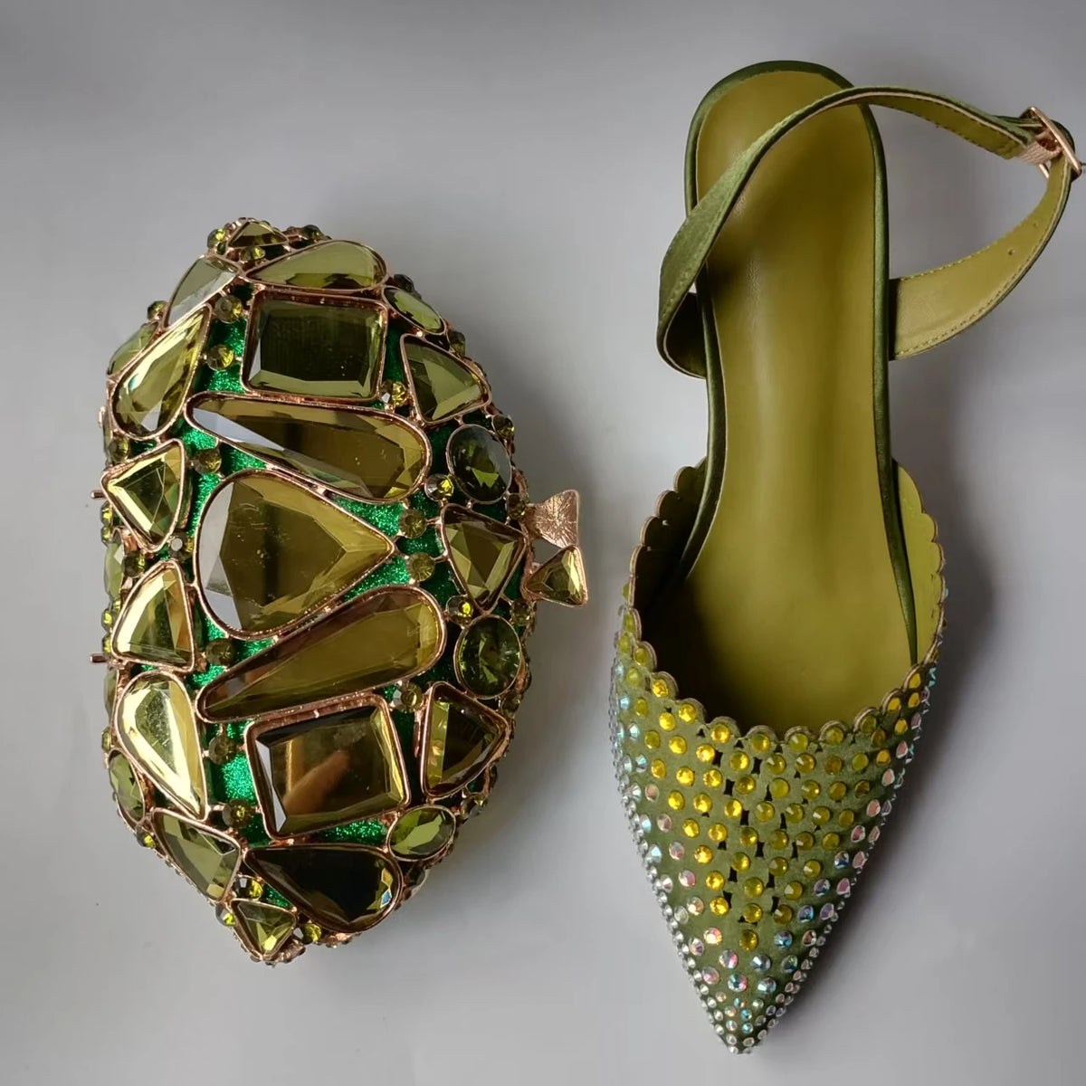 Luxury Olive Green Rhinestones Women's Shoe and Bag Set for Party Wedding Crystals Heeled Pumps and Handbag Sandals