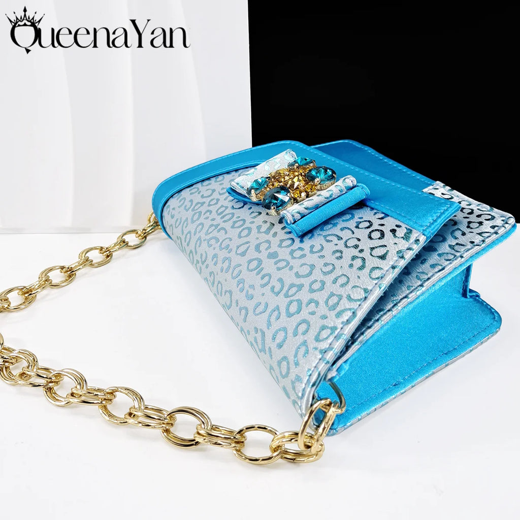 Queena Yan Light Blue Elegant Italian Rhinestone Wedding Shoe and Bag Set -Women Heels and Matching Handbag for Party