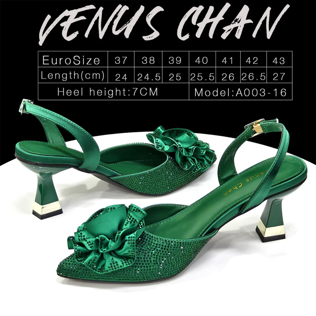 Venus Chan 2025 Elegant Shiny Green Handbag & Medium Heel Shoe Set with Exquisite Handmade Floral Accents for Weddings & Parties