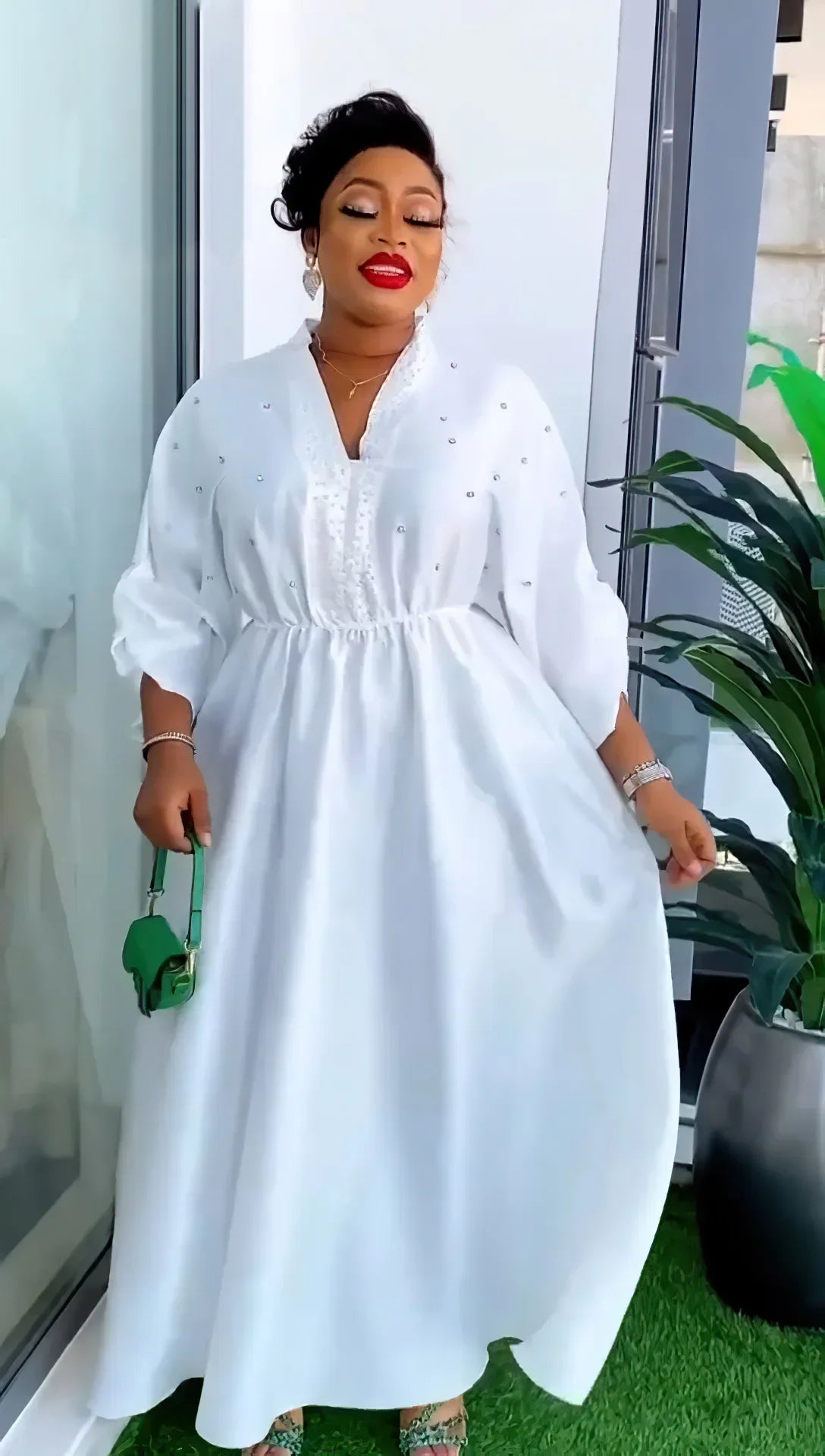 Women Elegant Shiny Satin Loose Party Dress V Neck Beading High Waist Long Gowns Formal Celebrate Evening Event Birthday Robes