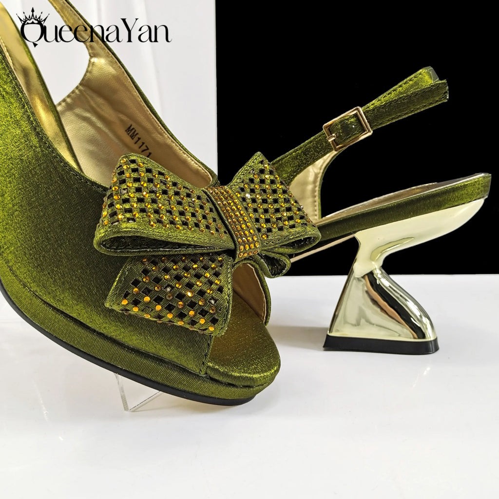 Queena Yan Newest Italian Design Special Synthetic Fabrics Women's Matching Shoe and Bag Set High Heel for Weddings and Parties
