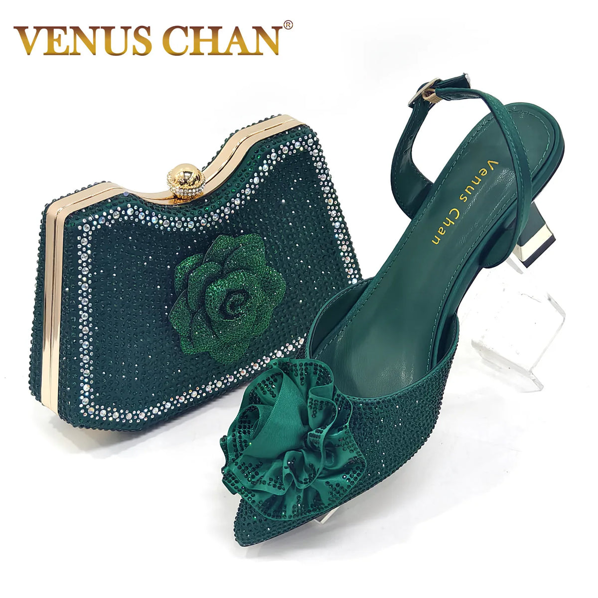 Venus Chan 2025 Elegant Shiny Green Handbag & Medium Heel Shoe Set with Exquisite Handmade Floral Accents for Weddings & Parties