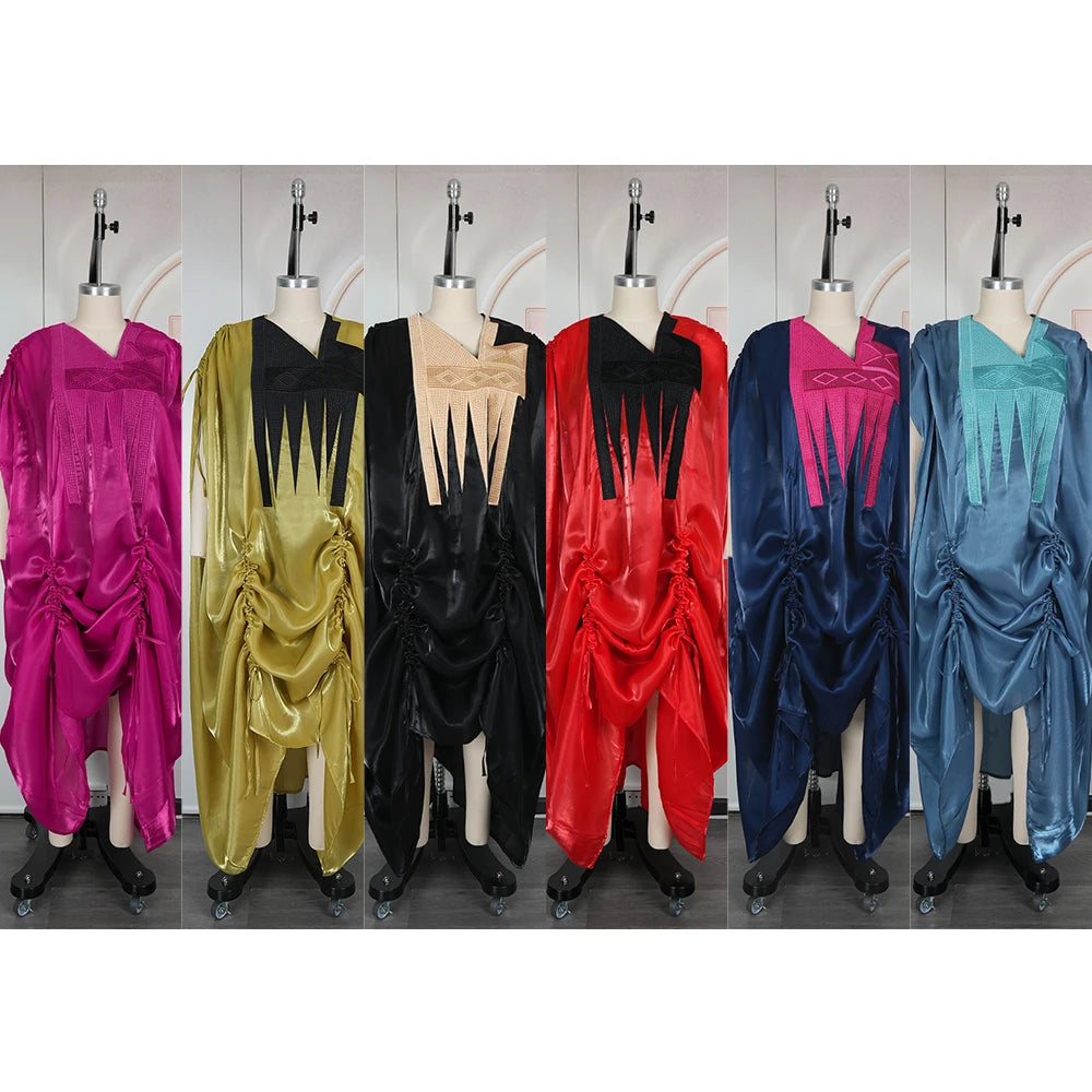 H&D African Women Plus Size Clothes New Arrival V-Neck Batwing Sleeve Embroidered Ruched Irregular Dress Wedding Gown Bubu Robe